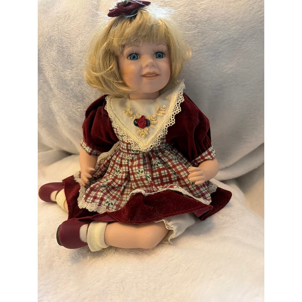 Heritage Heirloom Porcelain Sitting Doll Blonde Blue Eyes Red Velvet Dress COA